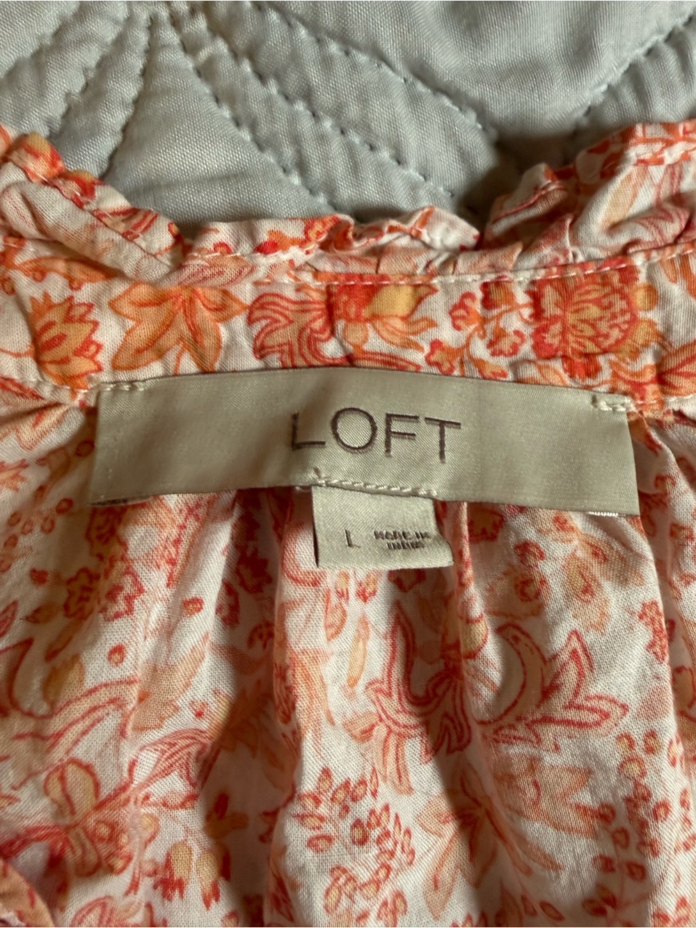 LOFT Orange Floral Button Front Blouse Size L Bohemian‎ Puff Sleeve Top - Picture 3 of 4